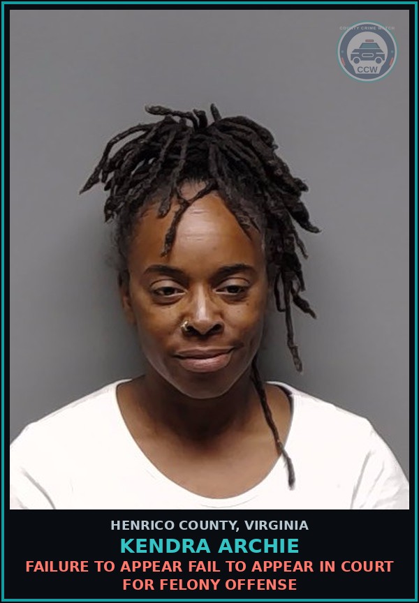 Booking mugshot of Kendra Archie in Henrico County