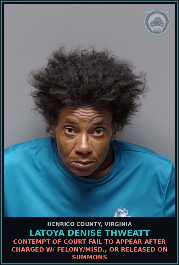 Booking mugshot of Latoya Denise Thweatt in Henrico County