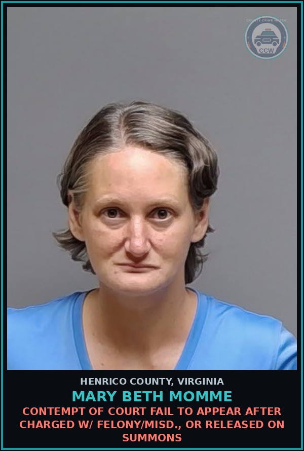 Booking mugshot of Mary Beth Momme in Henrico County