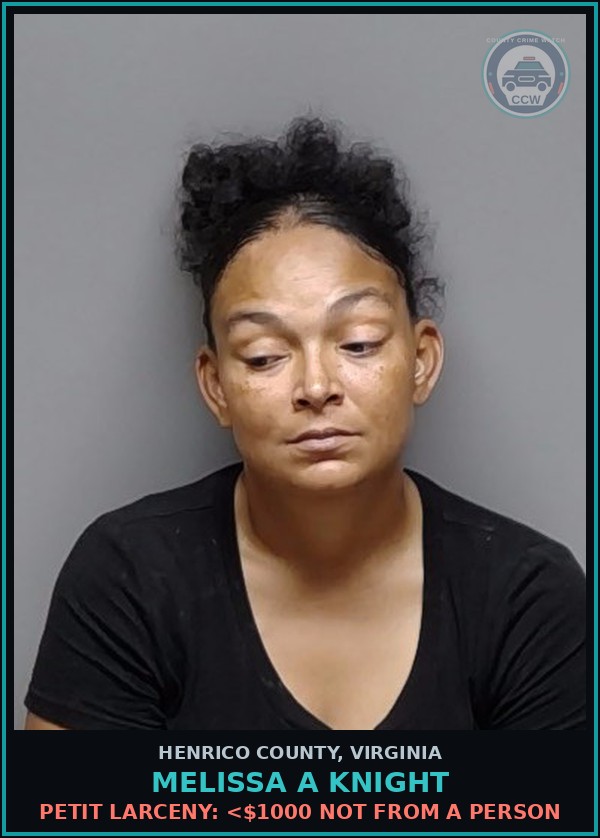 Booking mugshot of Melissa A Knight in Henrico County