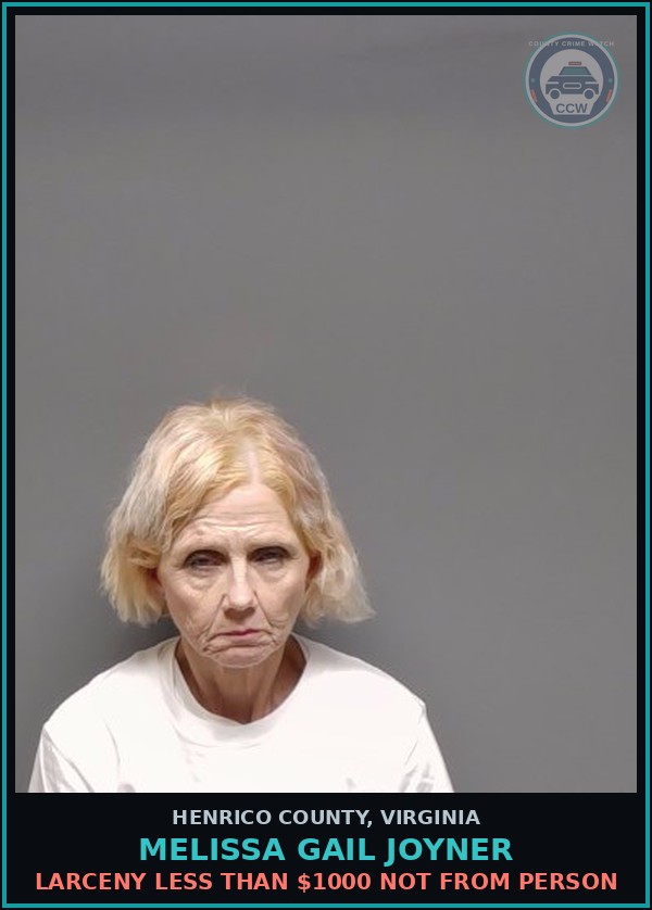 Booking mugshot of Melissa Gail Joyner in Henrico County