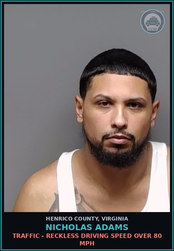 Booking mugshot of Nicholas Adams in Henrico County