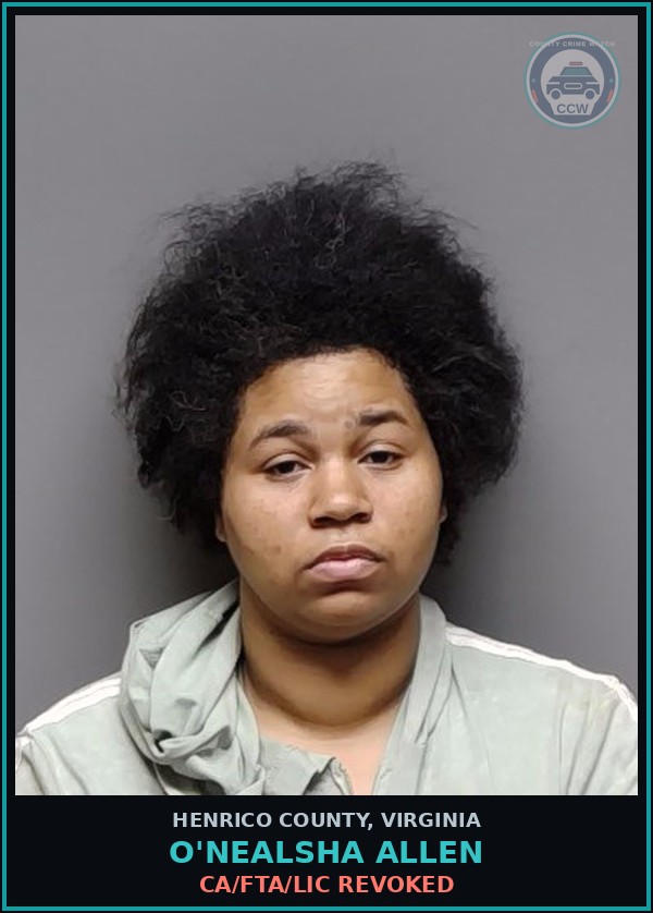 Booking mugshot of O'Nealsha Allen in Henrico County