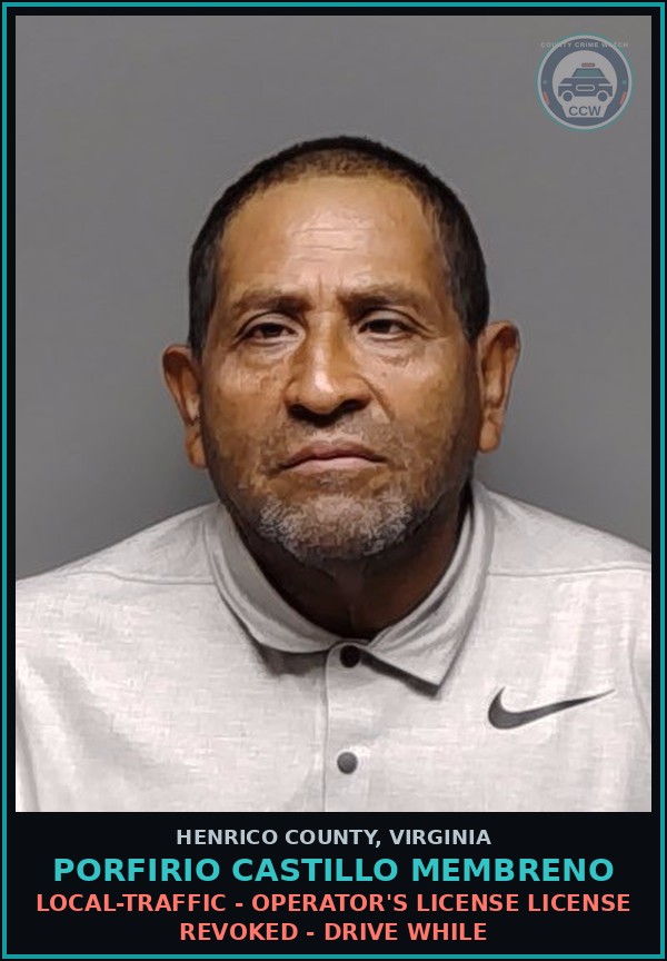 Booking mugshot of Porfirio Castillo Membreno in Henrico County