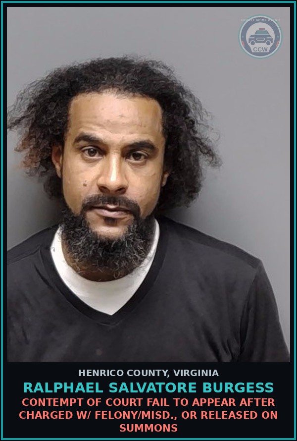 Booking mugshot of Ralphael Salvatore Burgess in Henrico County