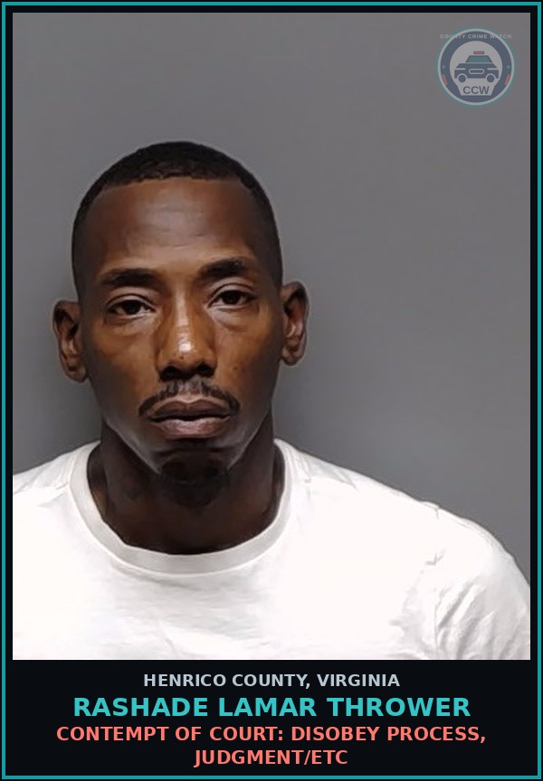 Booking mugshot of Rashade Lamar Thrower in Henrico County