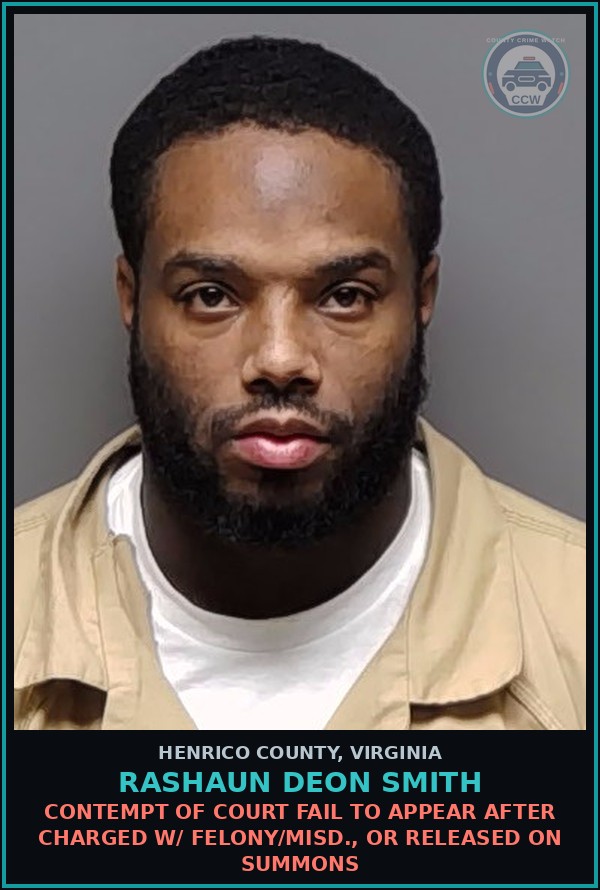 Booking mugshot of Rashaun Deon Smith in Henrico County