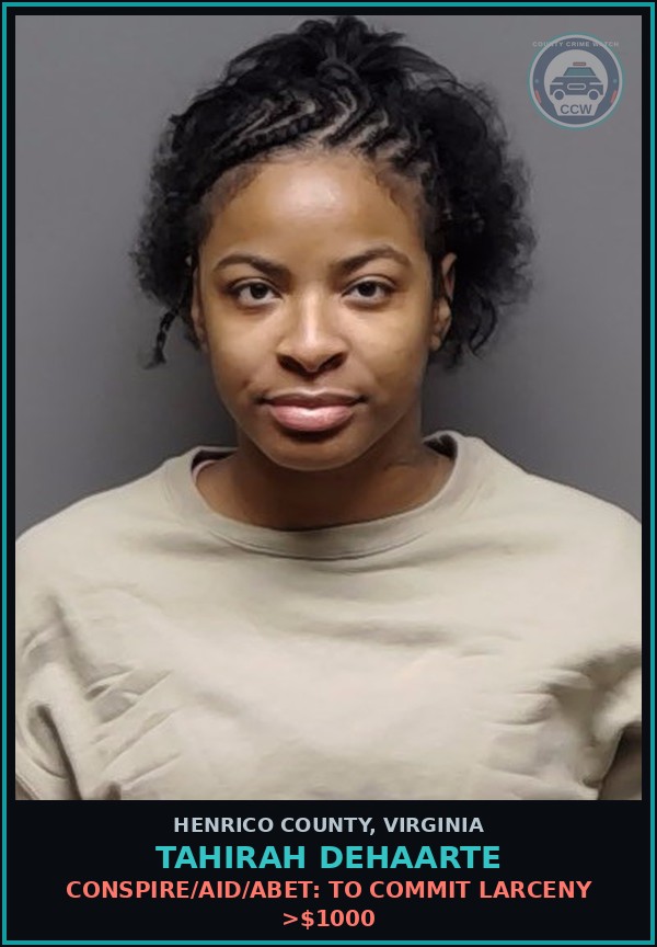 Booking mugshot of Tahirah Dehaarte in Henrico County