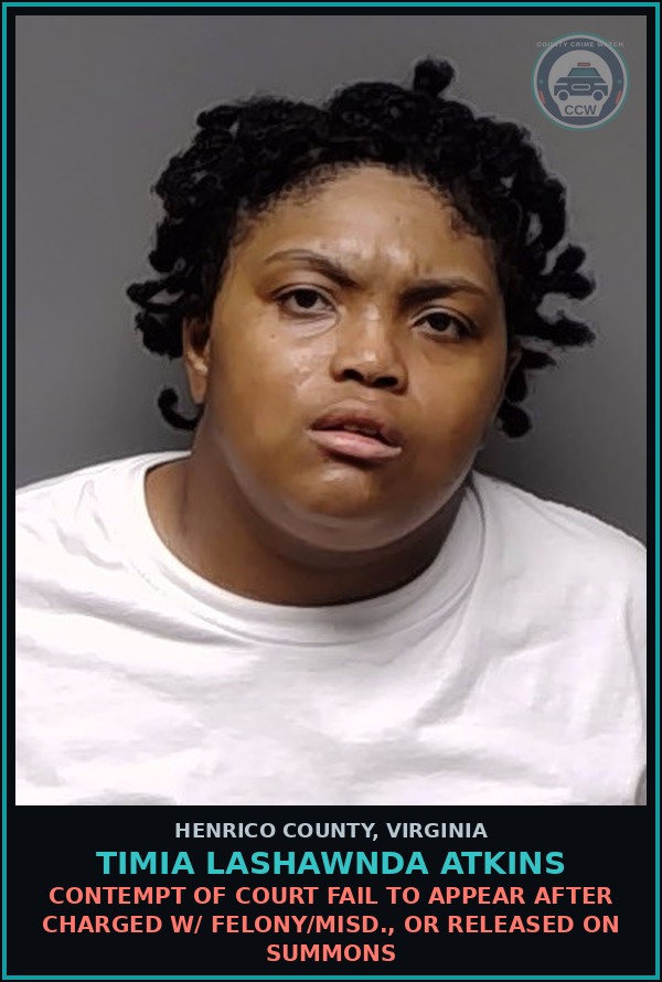 Booking mugshot of Timia Lashawnda Atkins in Henrico County