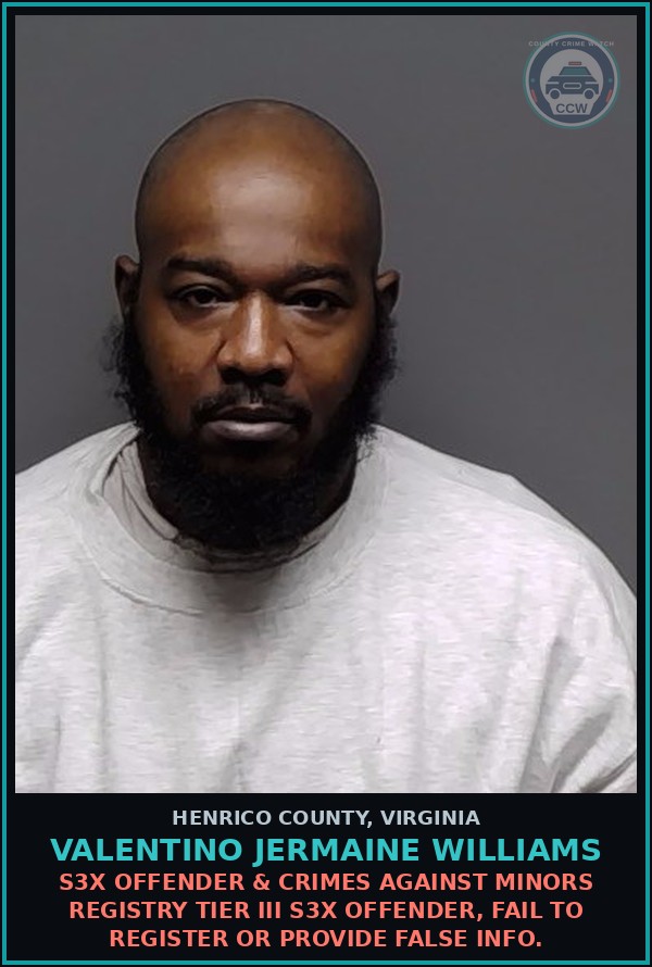 Booking mugshot of Valentino Jermaine Williams in Henrico County
