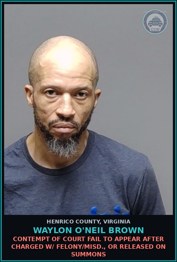 Booking mugshot of Waylon O'Neil Brown in Henrico County