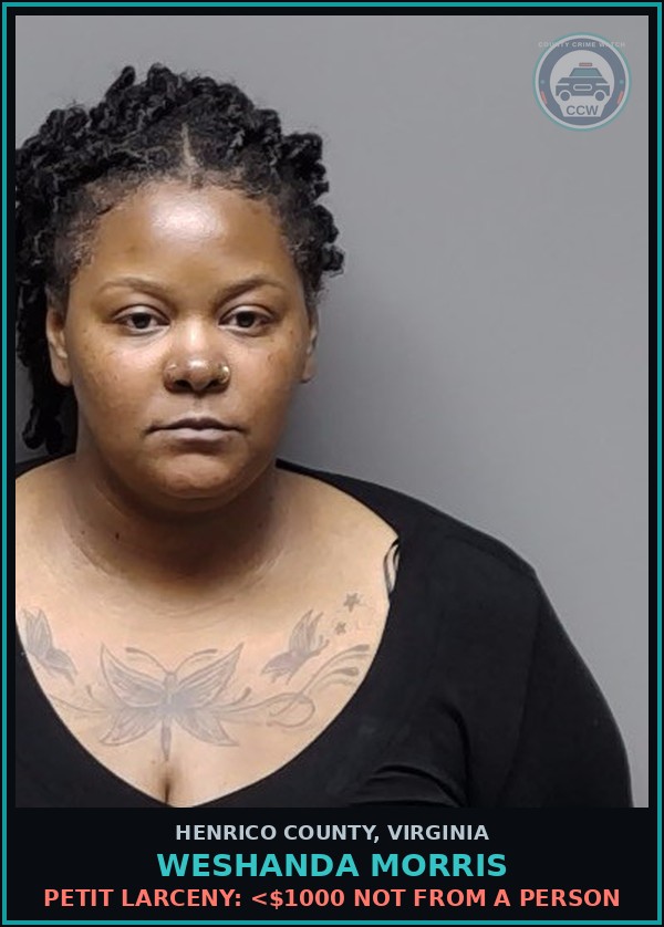 Booking mugshot of Weshanda Morris in Henrico County