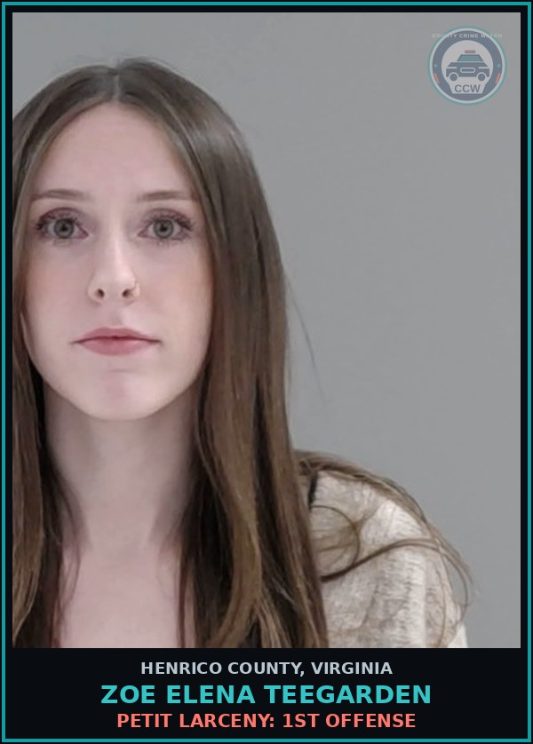 Booking mugshot of Zoe Elena Teegarden in Henrico County