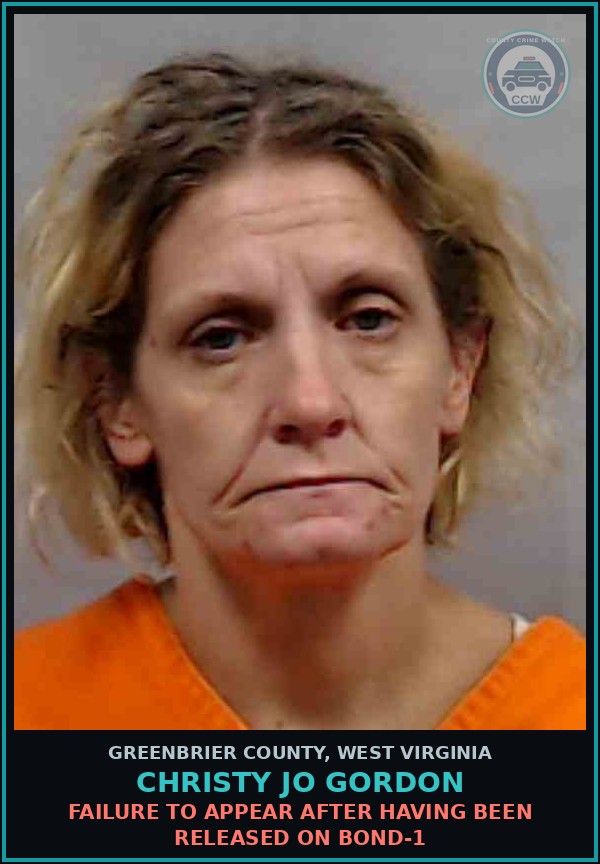 Booking mugshot of Christy Jo Gordon in Greenbrier County